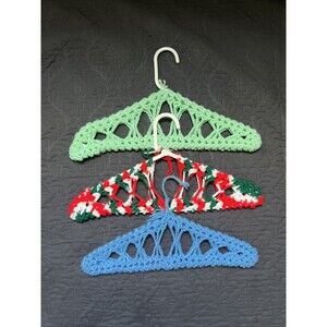 Vintage Plastic Crochet Covered Hangers lot of 3pc 17"Colorful Home Storage Gift